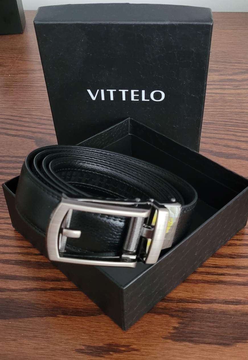 Vittelo Black Leather Ratchet Belt with Automatic Buckle