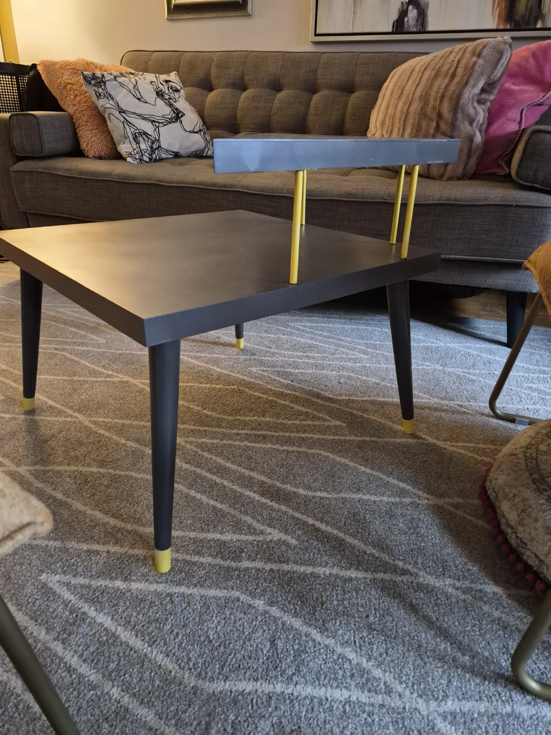Grey Two-Tiered Mid Century Table with Yellow Accents