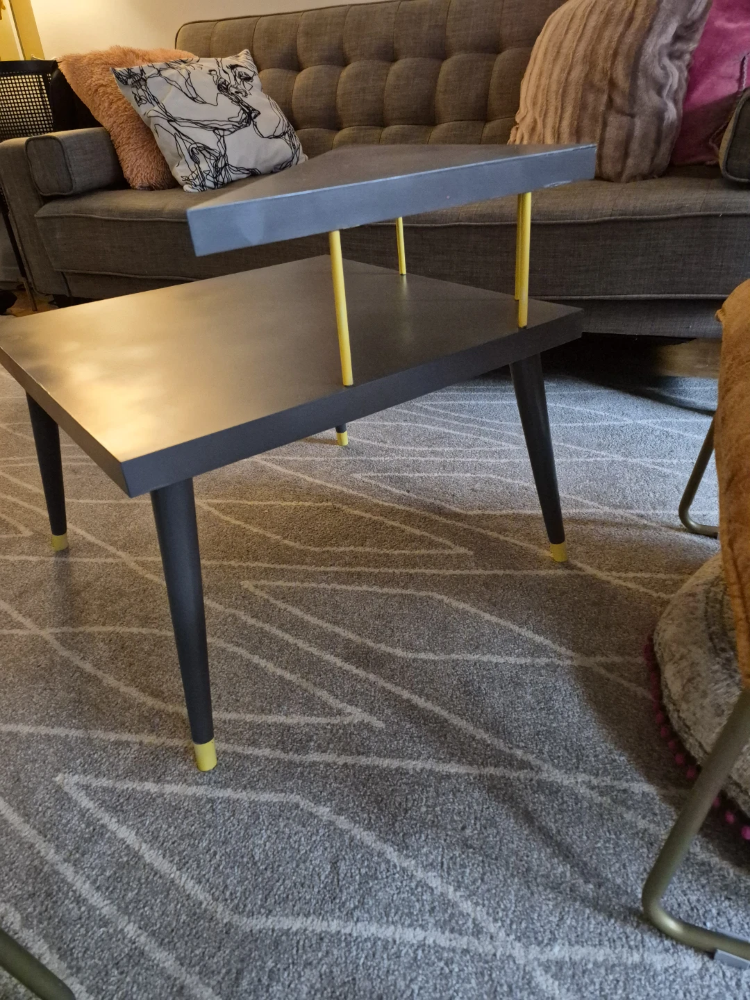 Grey Two-Tiered Mid Century Table with Yellow Accents - photo 3