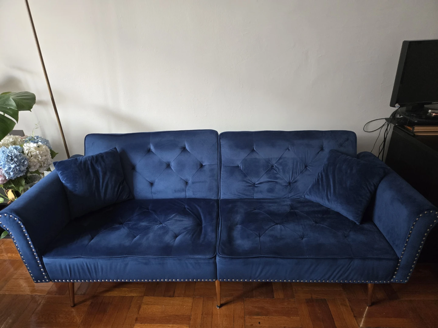 Blue Velvet Futon Sofa Bed with Metal Legs