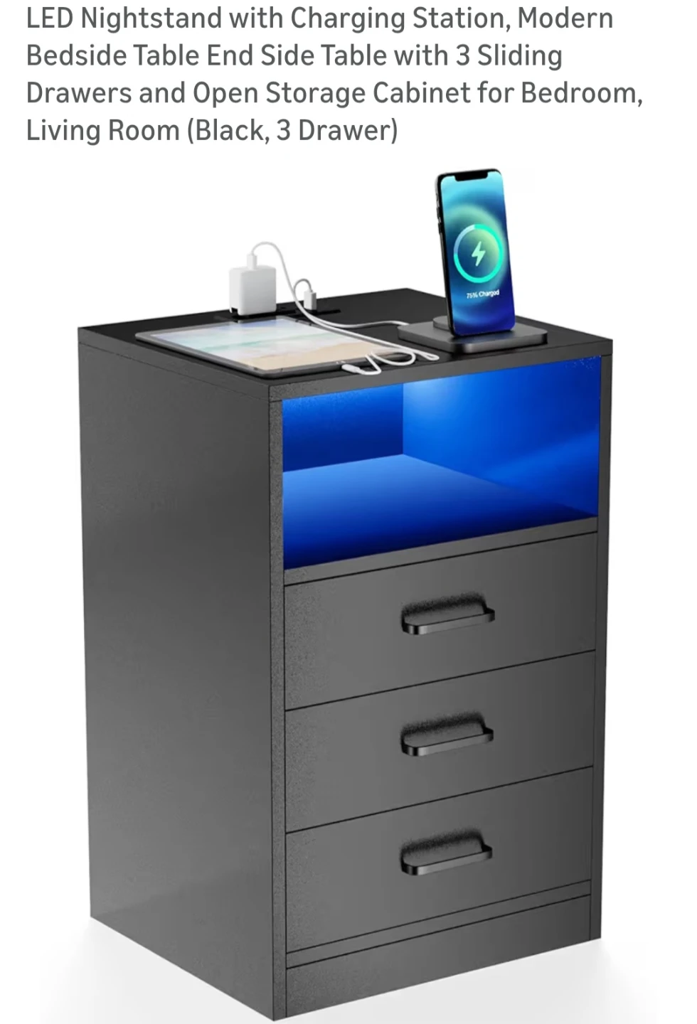 Modern Black Nightstand with Charging Station and 3 Drawers