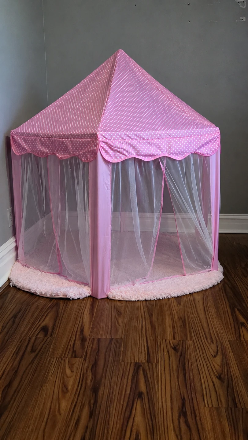 Pink Princess Castle Tent with Polka Dots and Tulle Curtains
