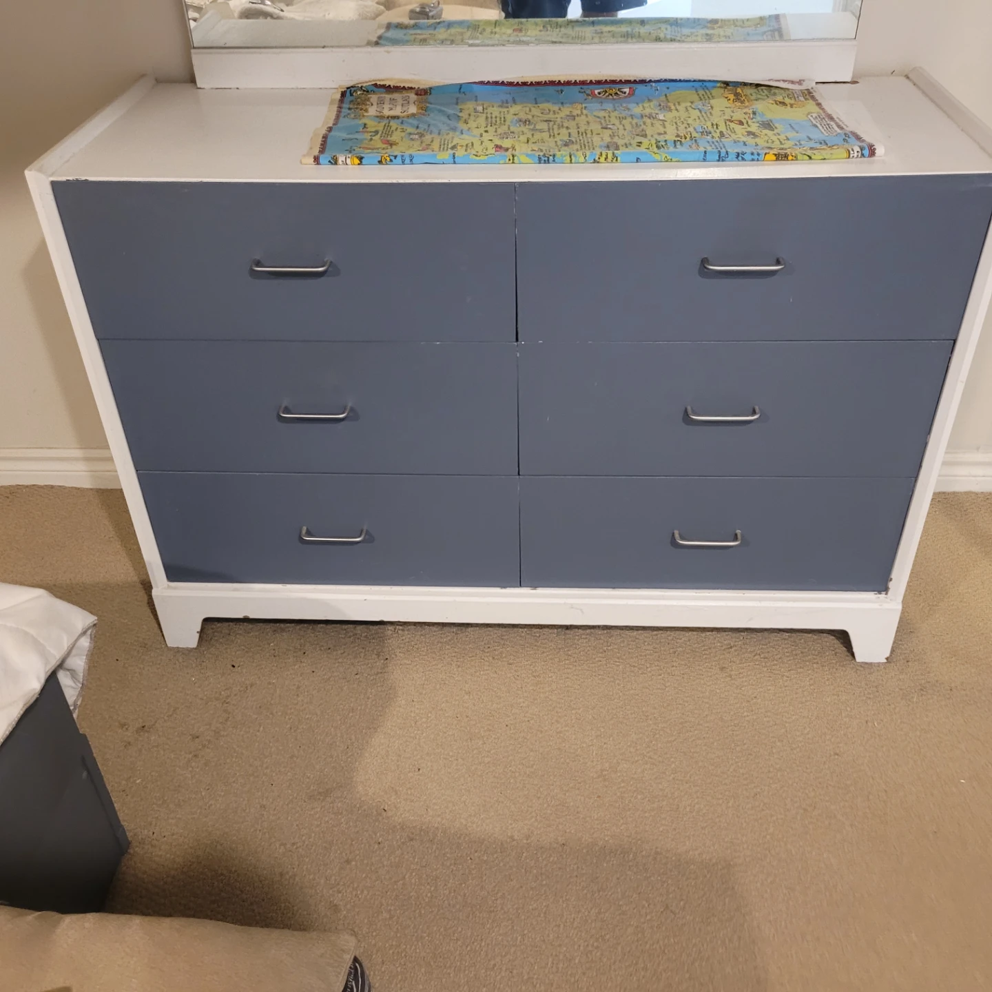 White and Blue Dresser with 6 Drawers