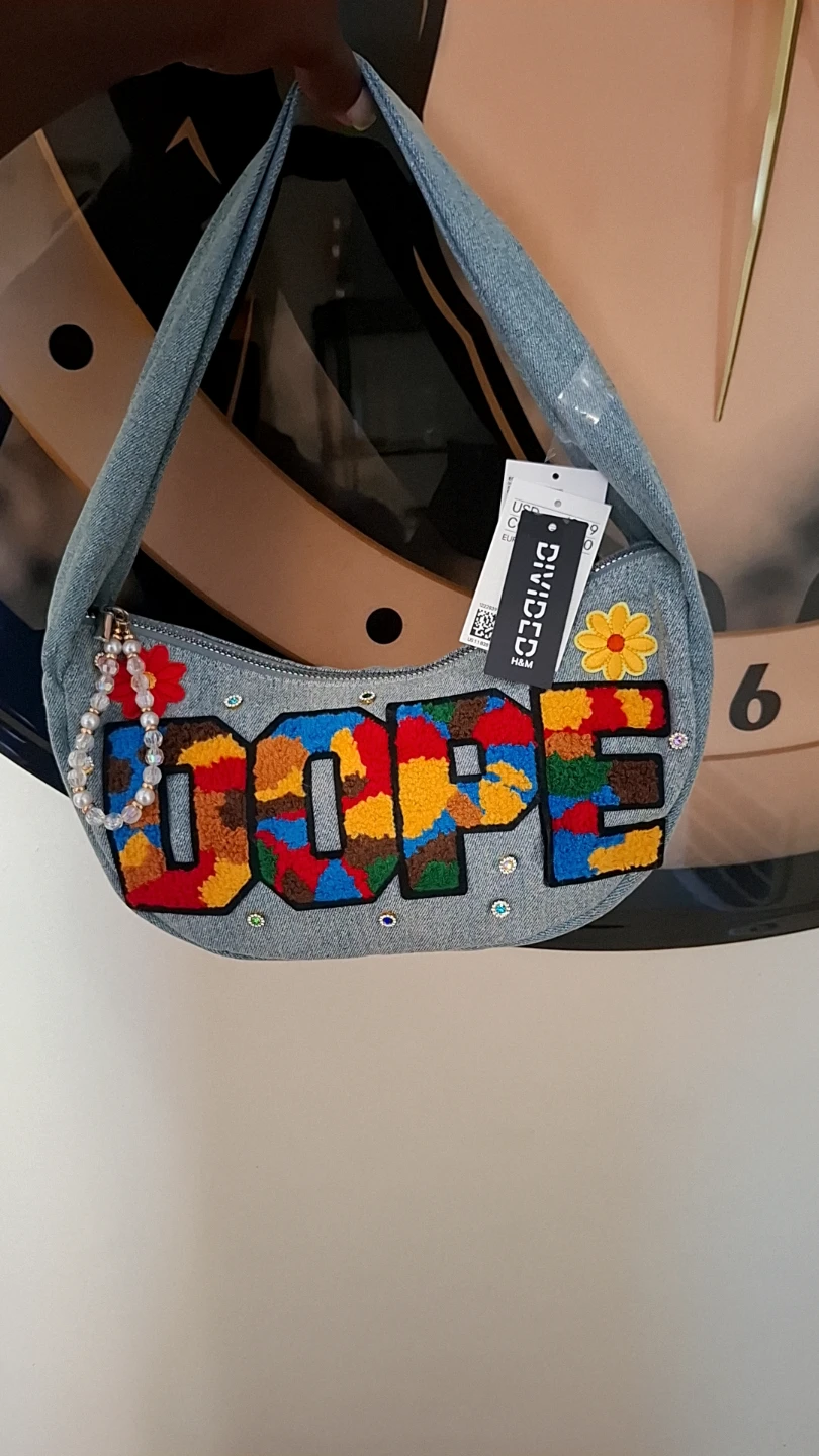 Divided Denim Shoulder Bag with "DOPE" Embroidery