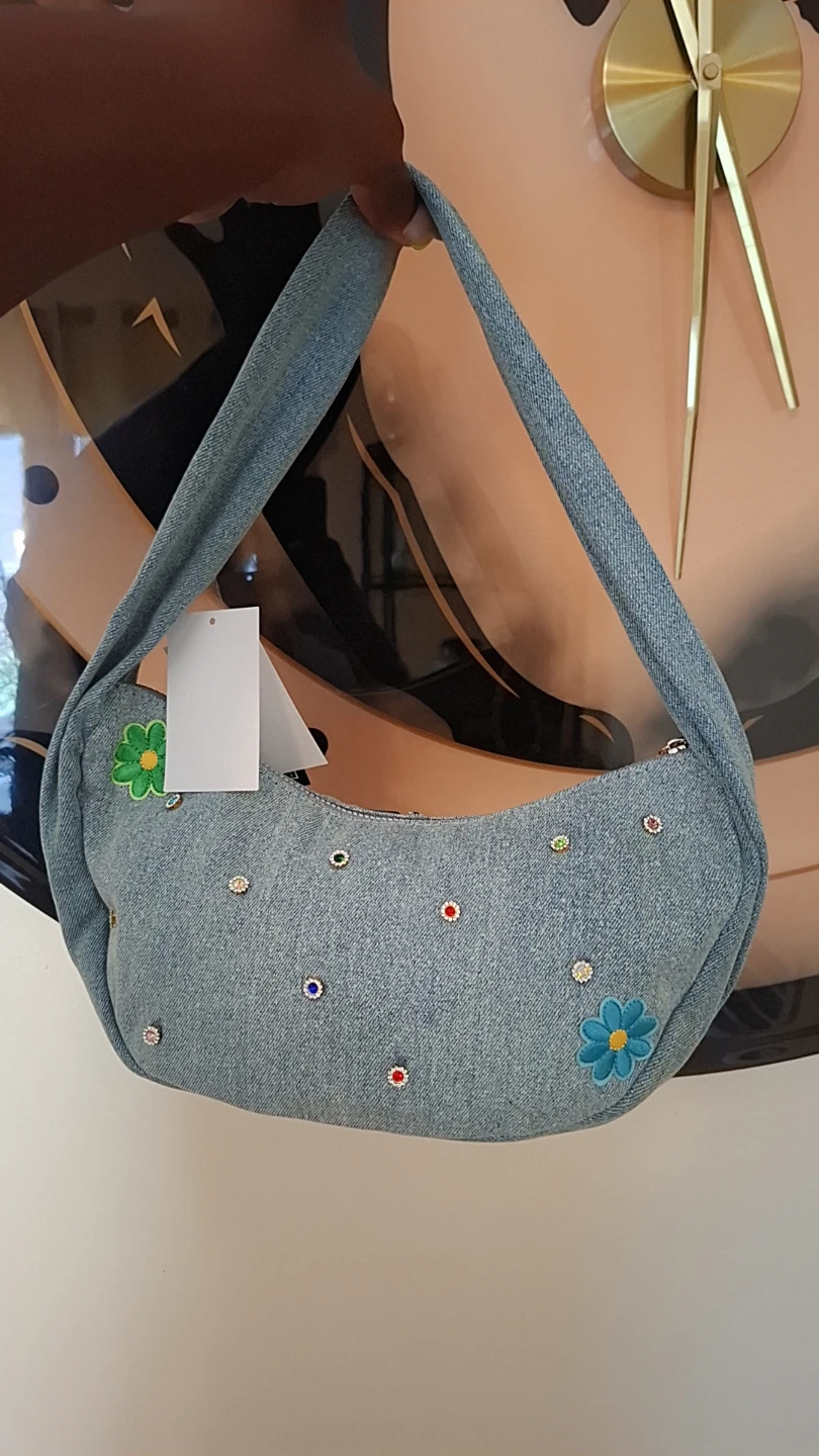 Divided Denim Shoulder Bag with "DOPE" Embroidery - photo 2
