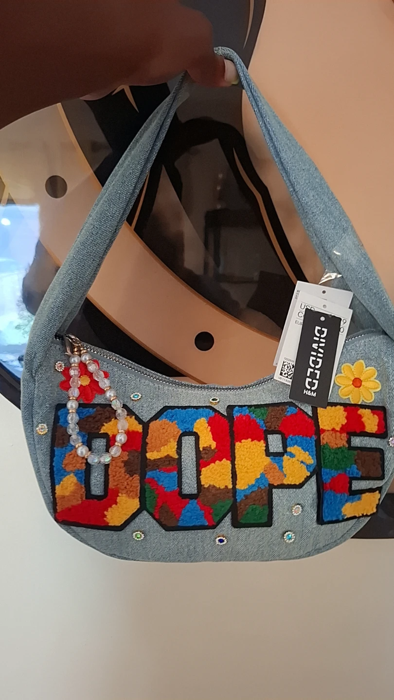 Divided Denim Shoulder Bag with "DOPE" Embroidery - photo 3