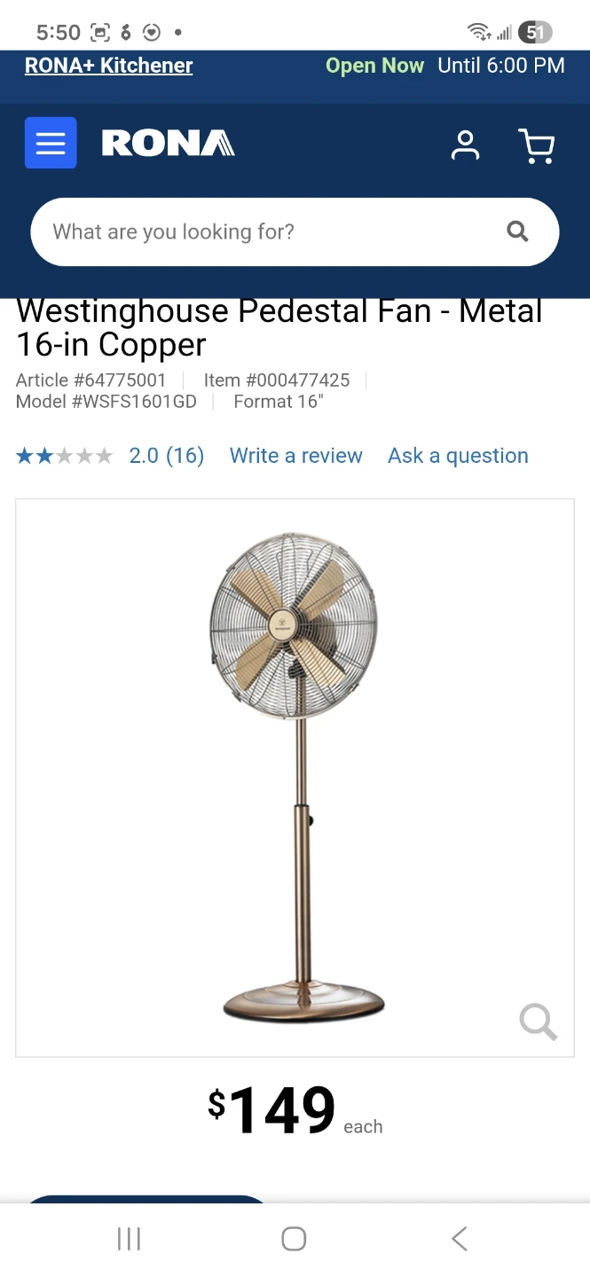 Westinghouse Pedestal Fan - 16-inch Metal
