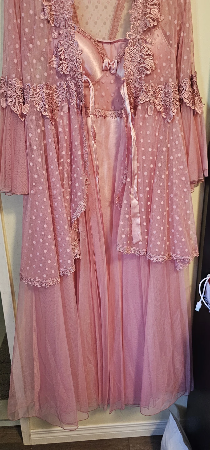 Pink Lace Polka Dot Nightgown and Robe Set