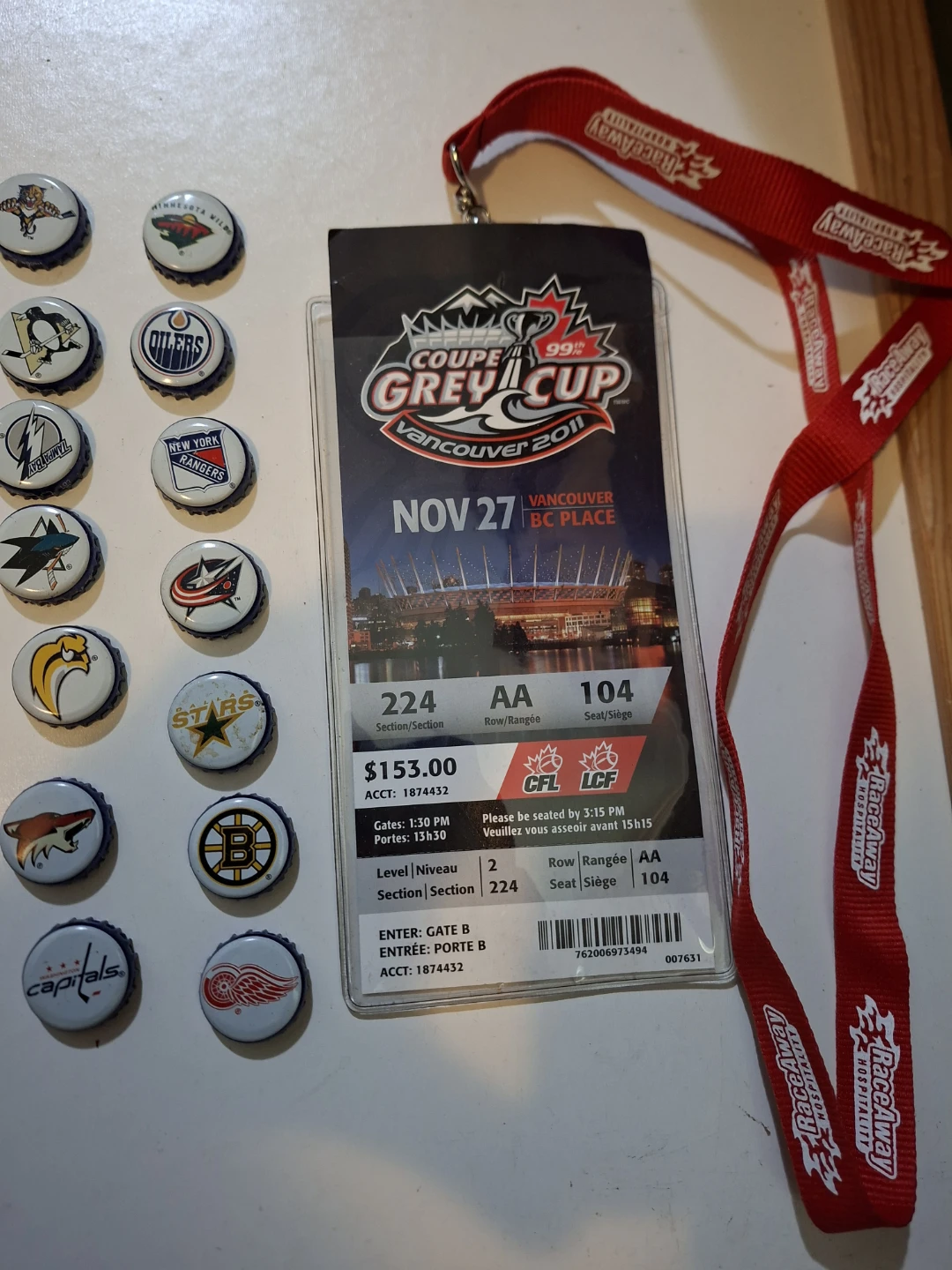 99th Grey Cup Vancouver 2011 Ticket and hockey team caps