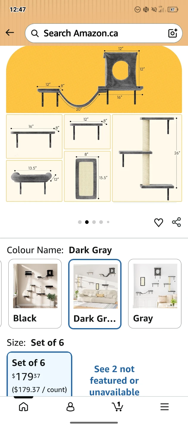 NUNU LAB Wall Mounted Cat Furniture Set - Dark Gray, Set of 6