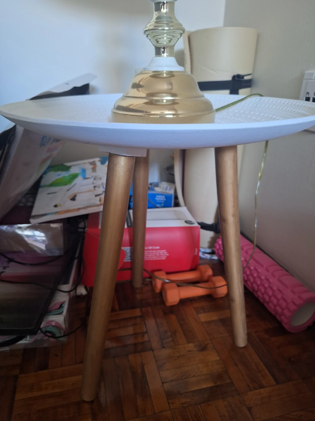 White Round Side Tables with Wooden Legs