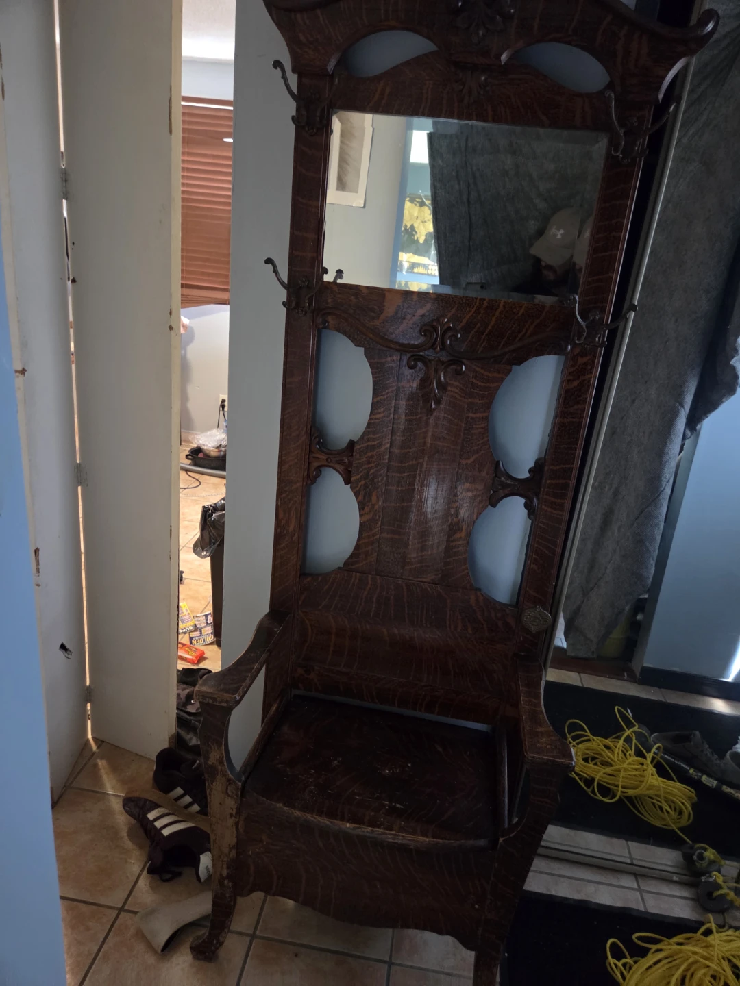 Antique Hall Tree with Storage Seat - photo 4