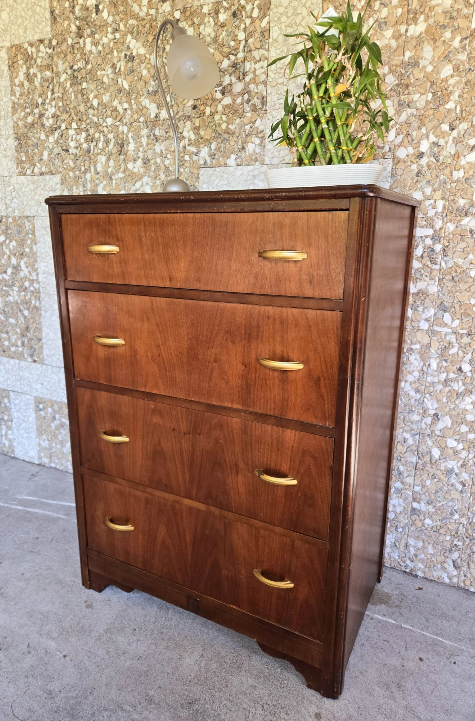 Art Deco Solid Walnut 4 Drawer Tallboy Dresser