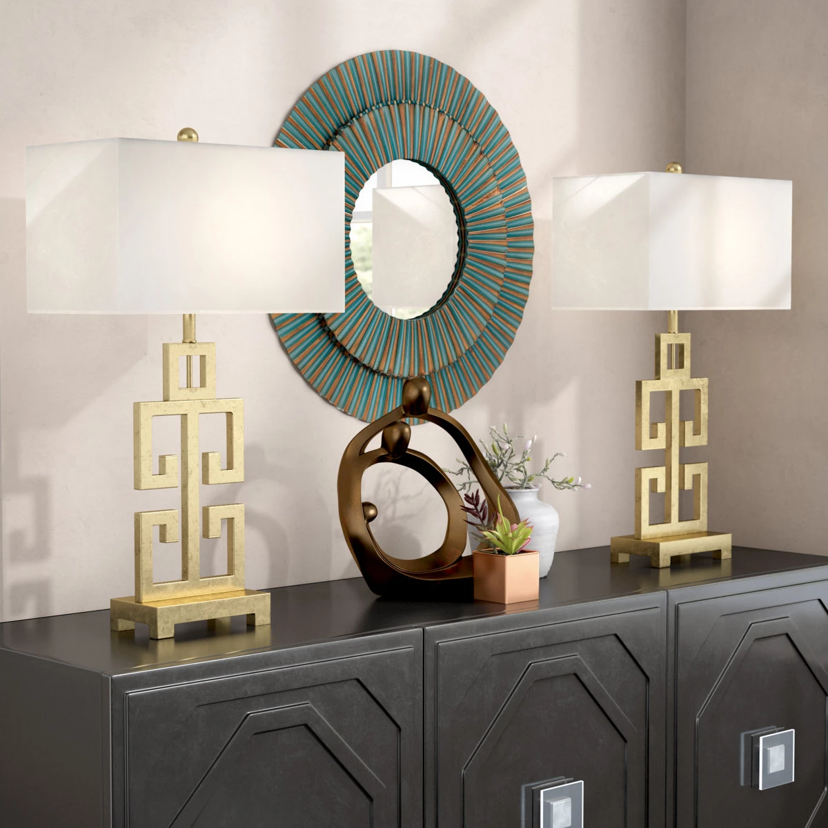 Gold Greek Key Table Lamps Gold Metal - Set of 2