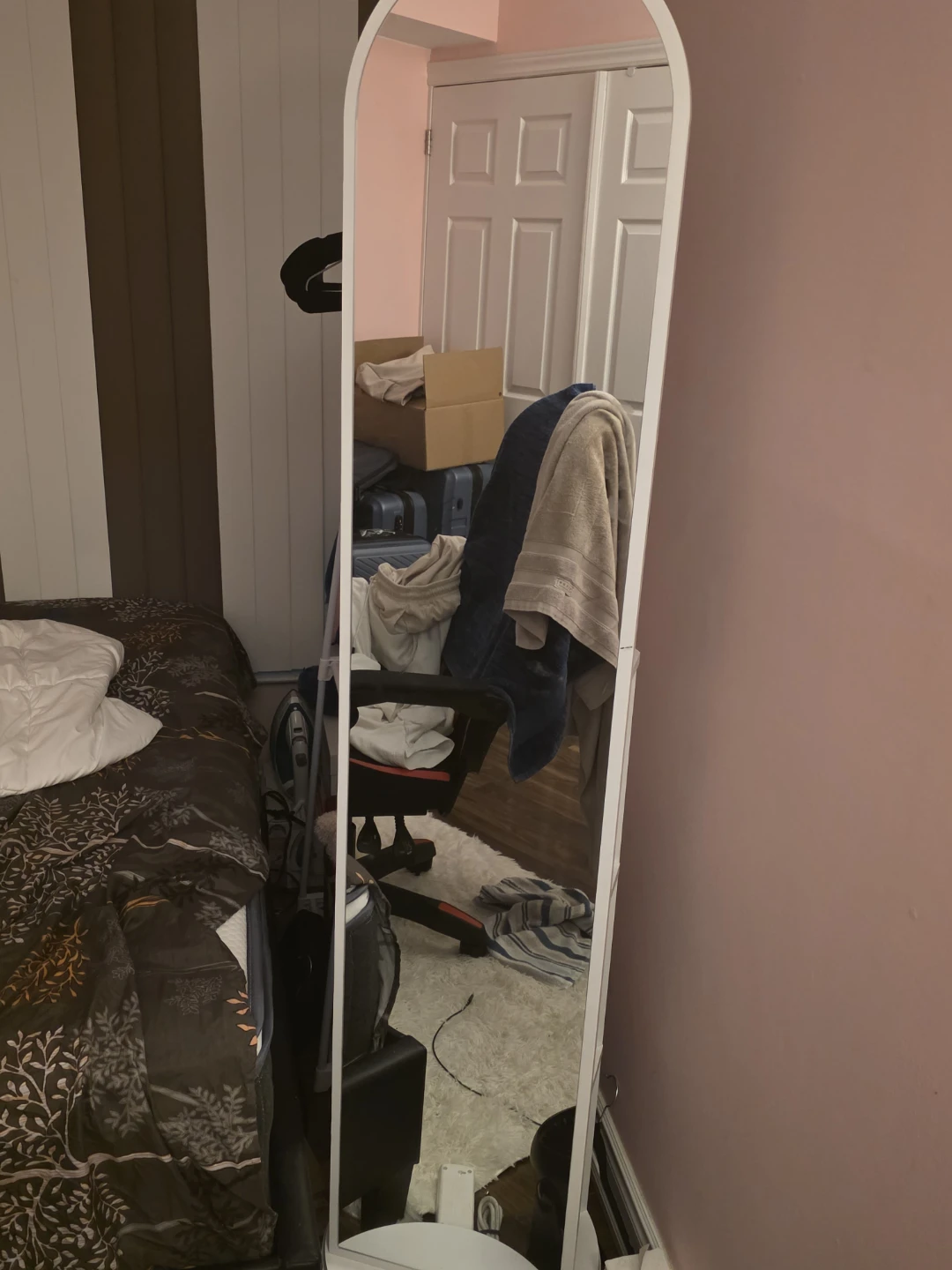 White Full Length Rotating Mirror with Shelves