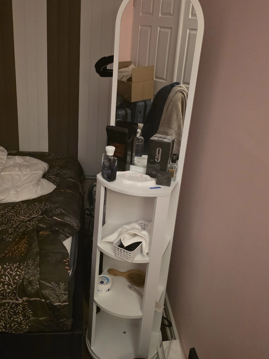 White Full Length Rotating Mirror with Shelves - photo 2