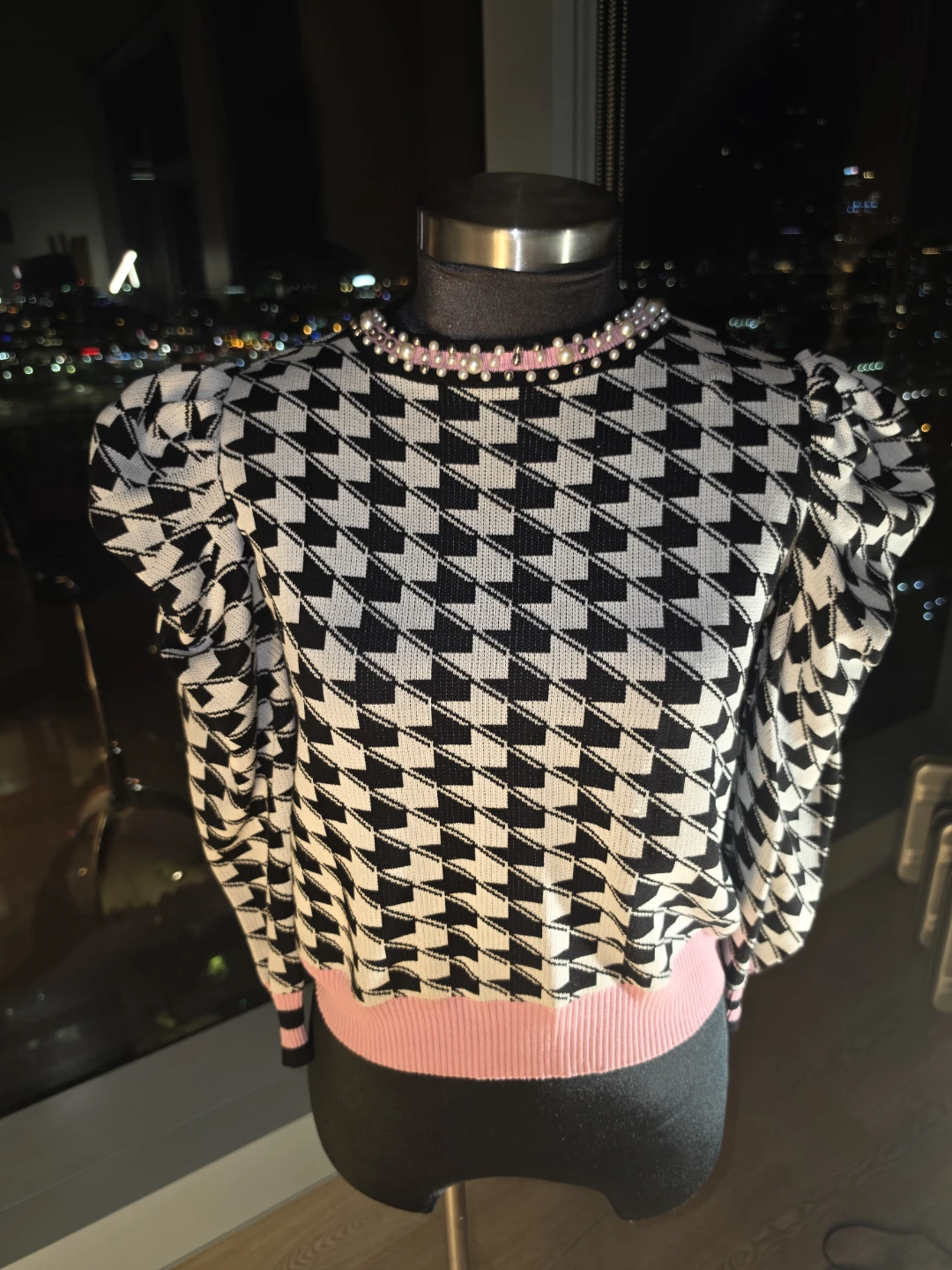 Black and White Patterned Sweater with Pink Accents