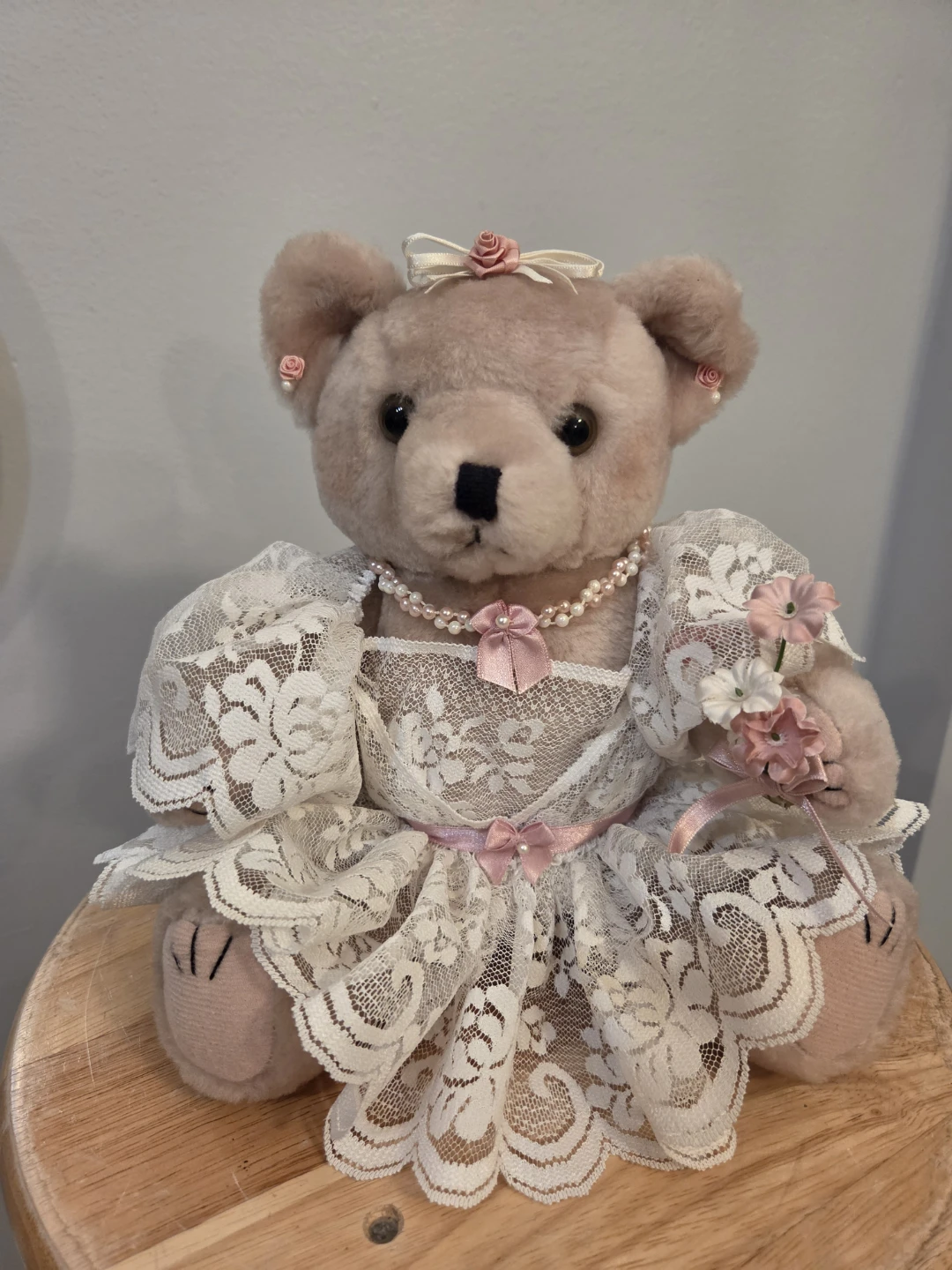 Victorian Elegance Teddy Bear Lace Dress & Faux Pearls