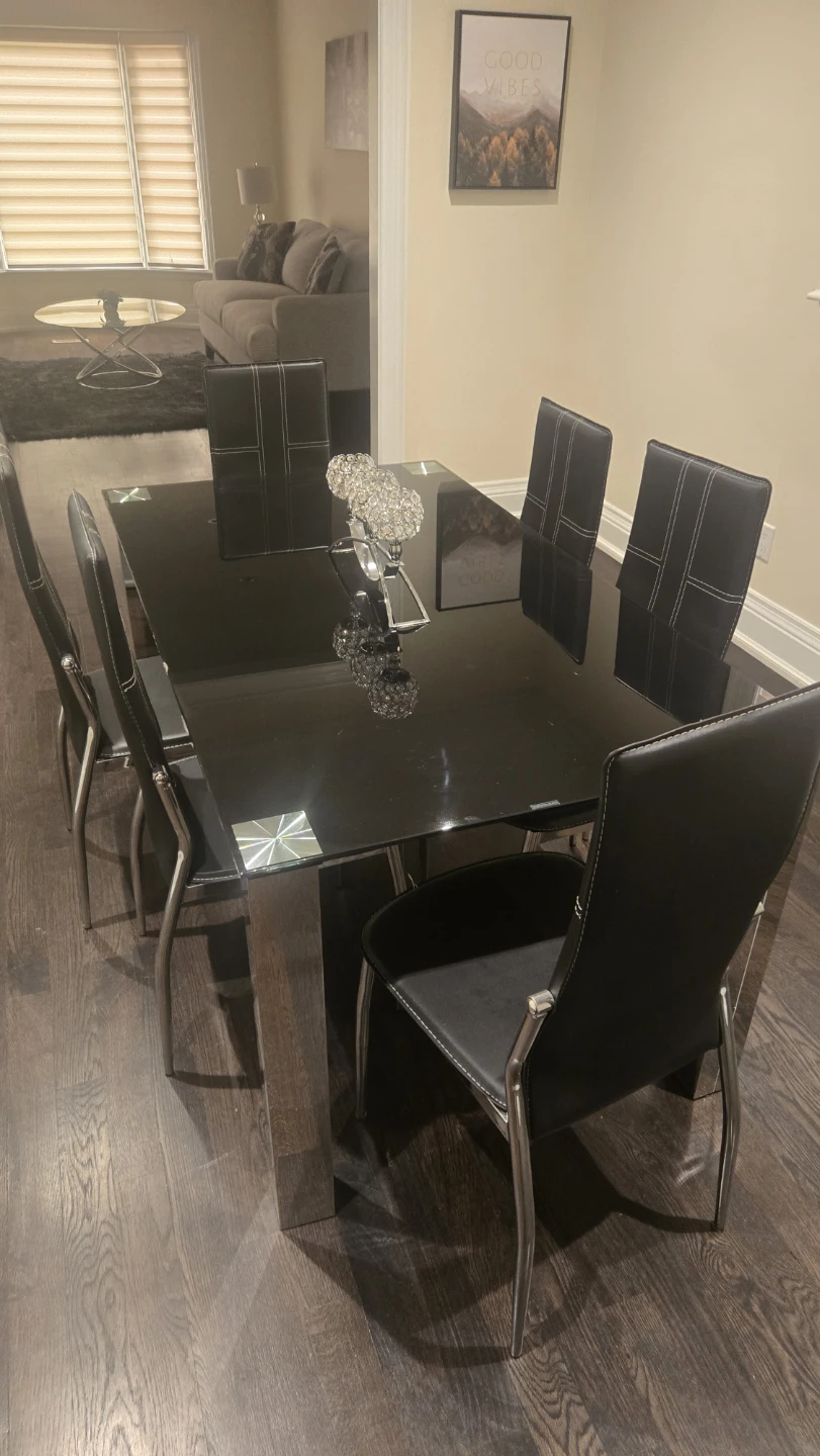 Black Glass Dining Table with 6 Chairs