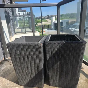 Set of 2 Black Rattan Planters