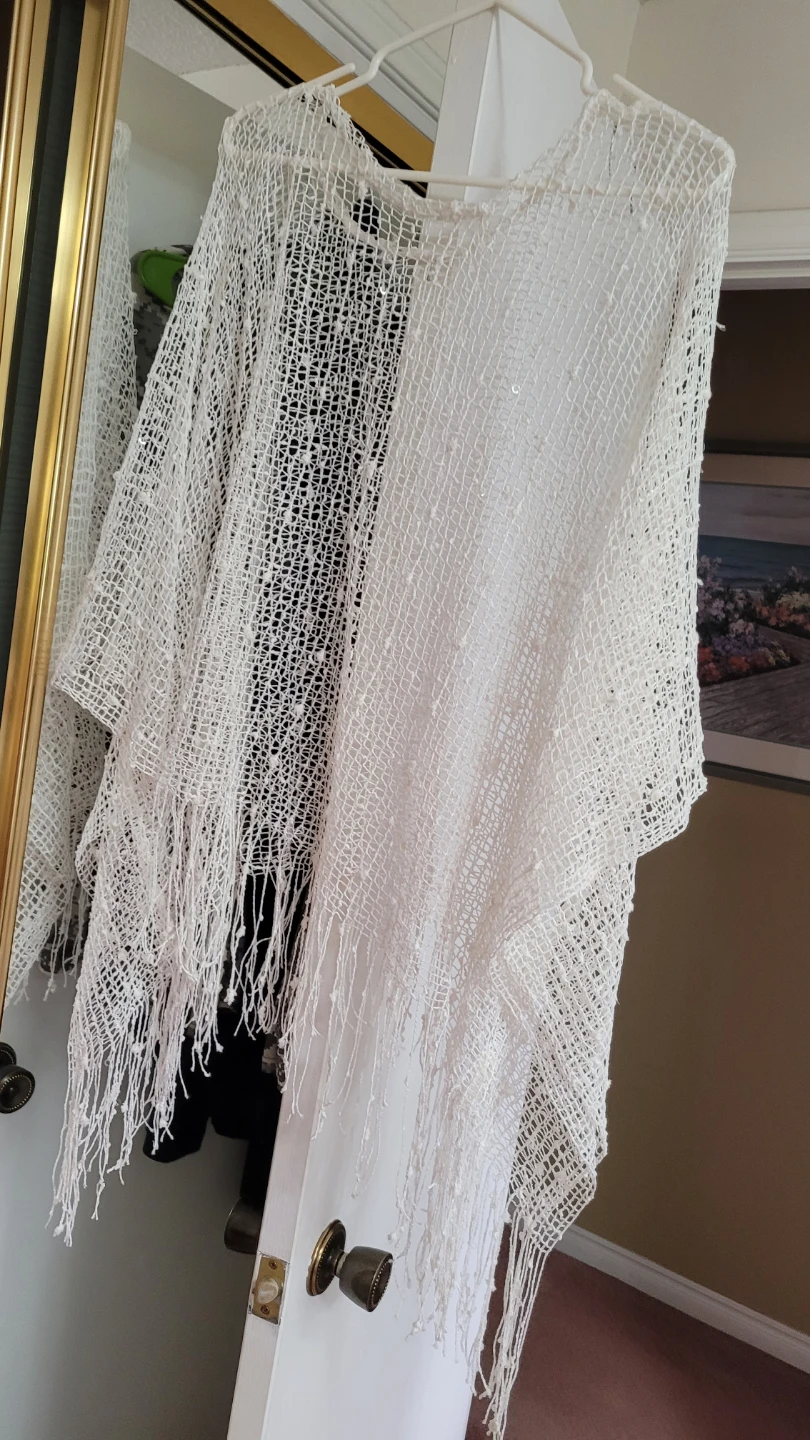 White Open Knit Poncho with Fringe