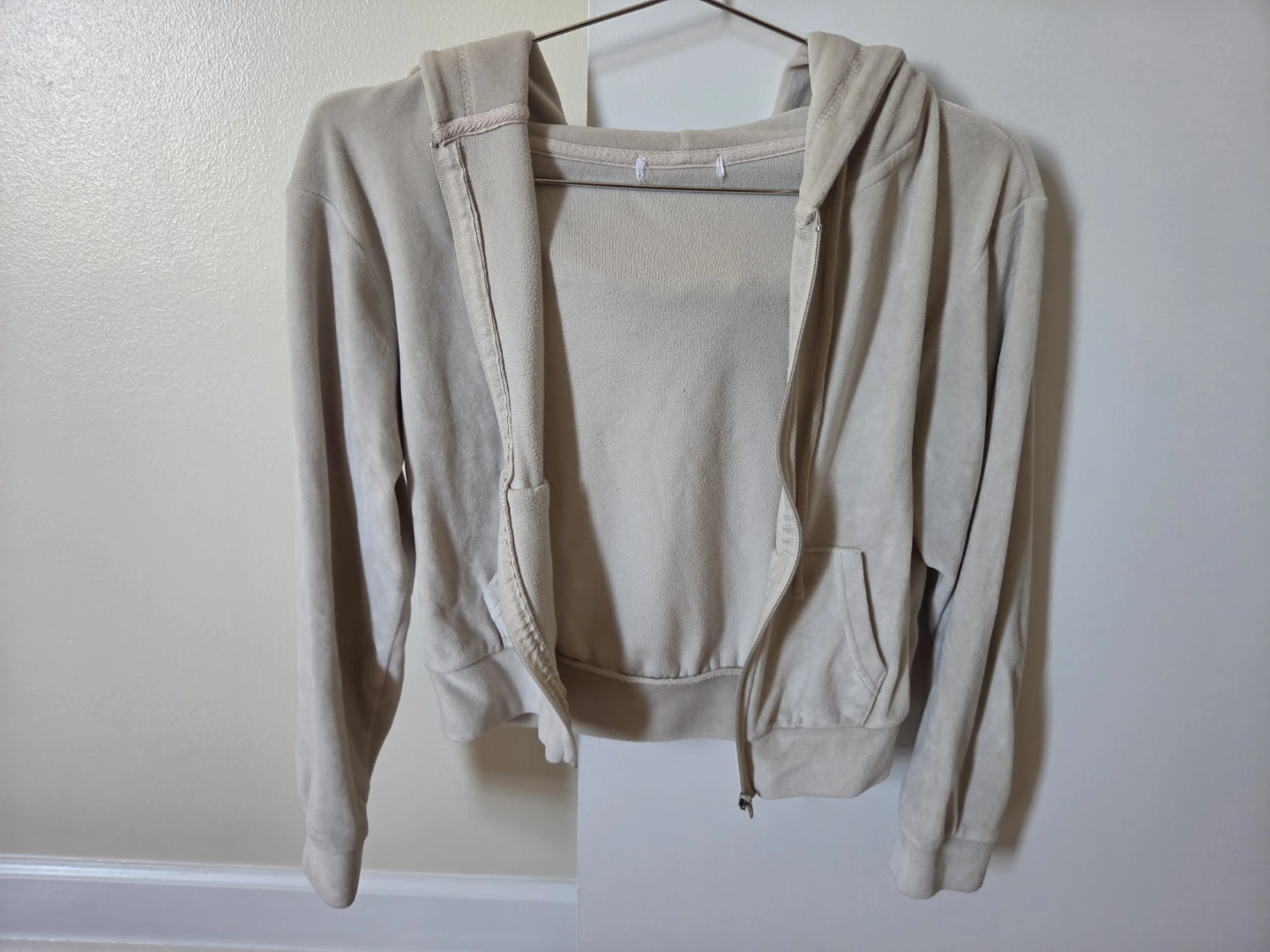 Cream Velour Zip-Up Hoodie