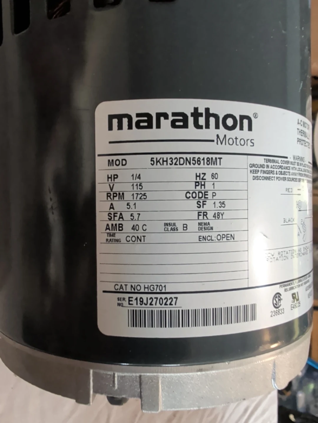 Tested & Working Marathon 1/4 HP Utility Motor (115V / 1725 RPM) - photo 4