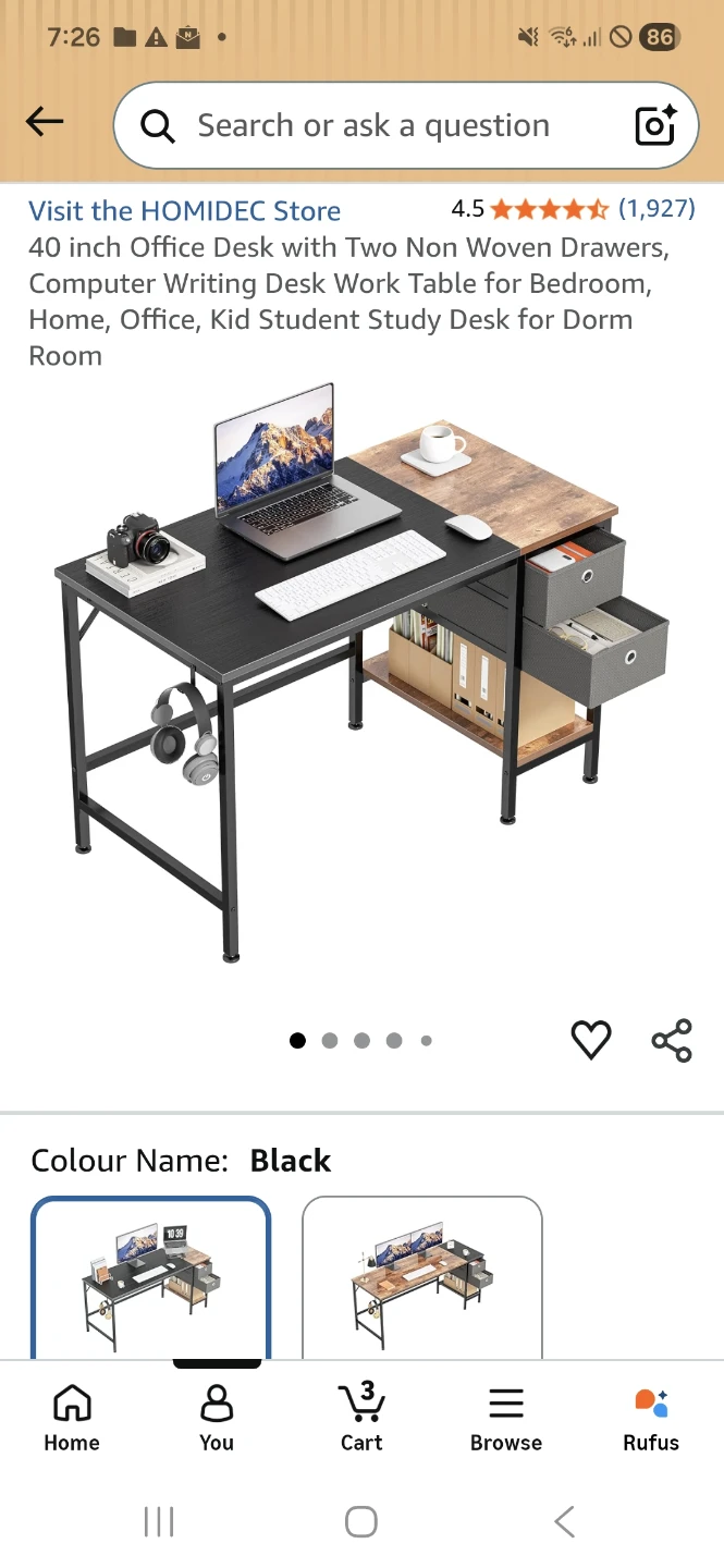 40 inch Black Office Desk with Drawers