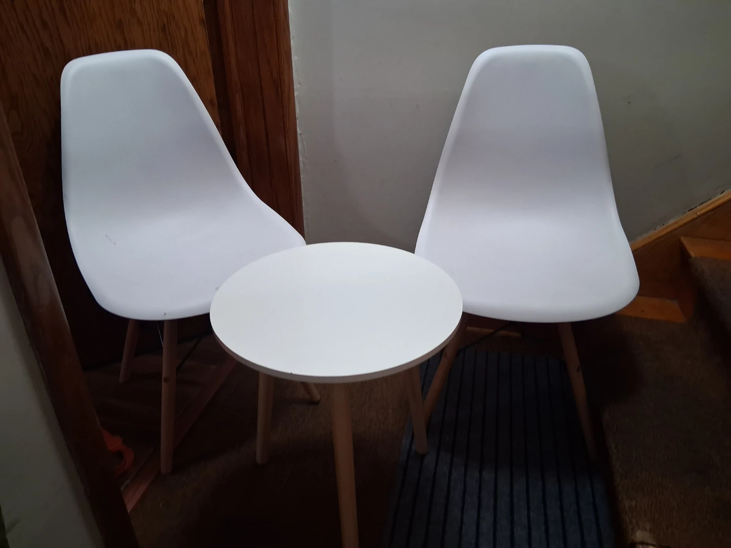 Set of 2 White Dining Chairs and Small Side Table