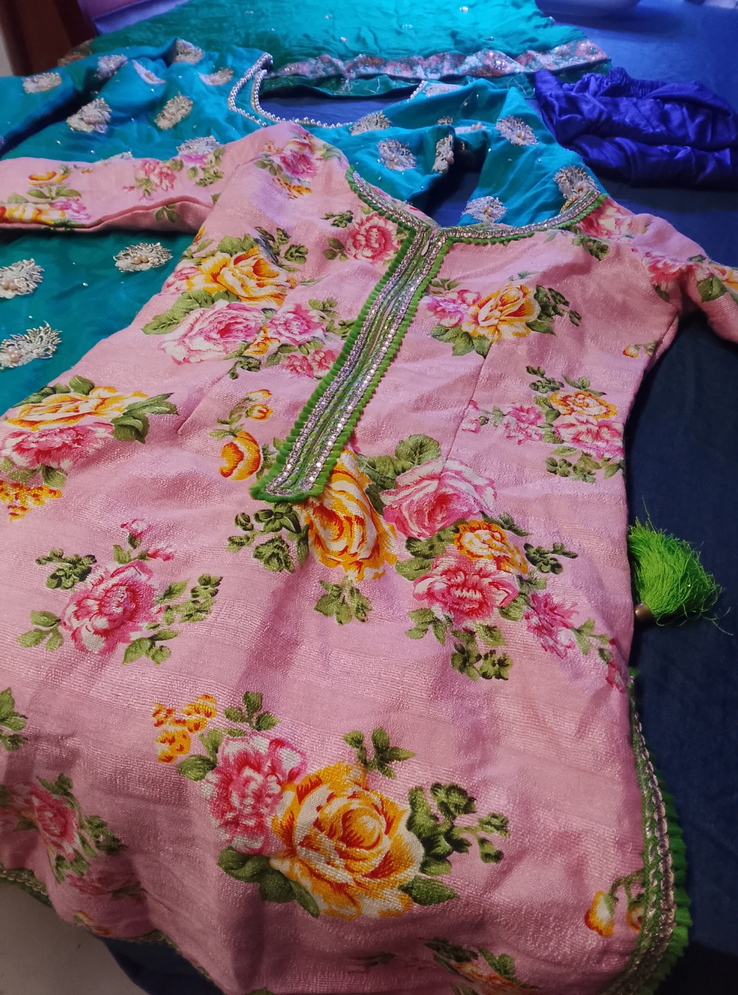 Teal and Pink Floral Embroidered Kurti with Pants