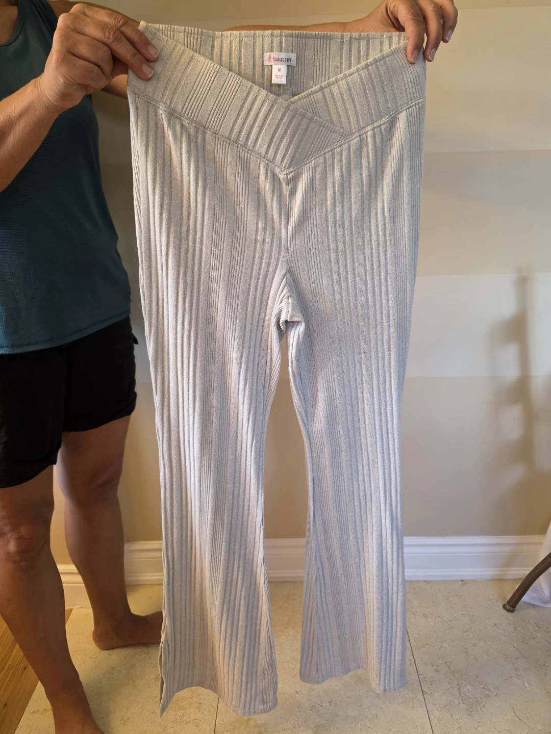 Flirtitude Active Ribbed Flare Pants - Light Grey - Size M