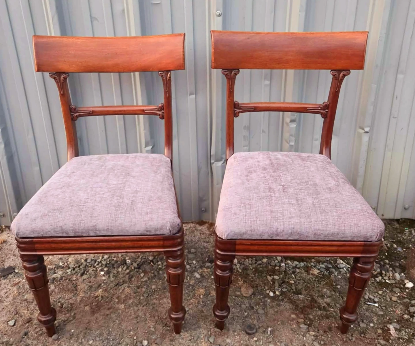 6 Antique Walnut Horsehoe Dining Chairs With New Fabric Seats - photo 2