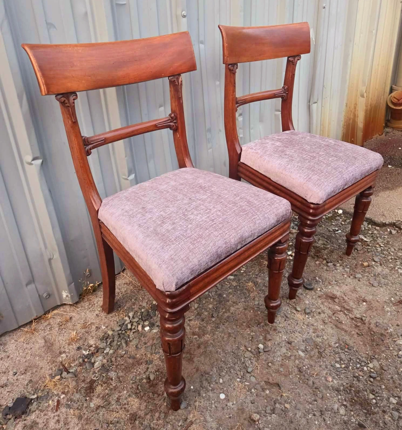6 Antique Walnut Horsehoe Dining Chairs With New Fabric Seats - photo 3