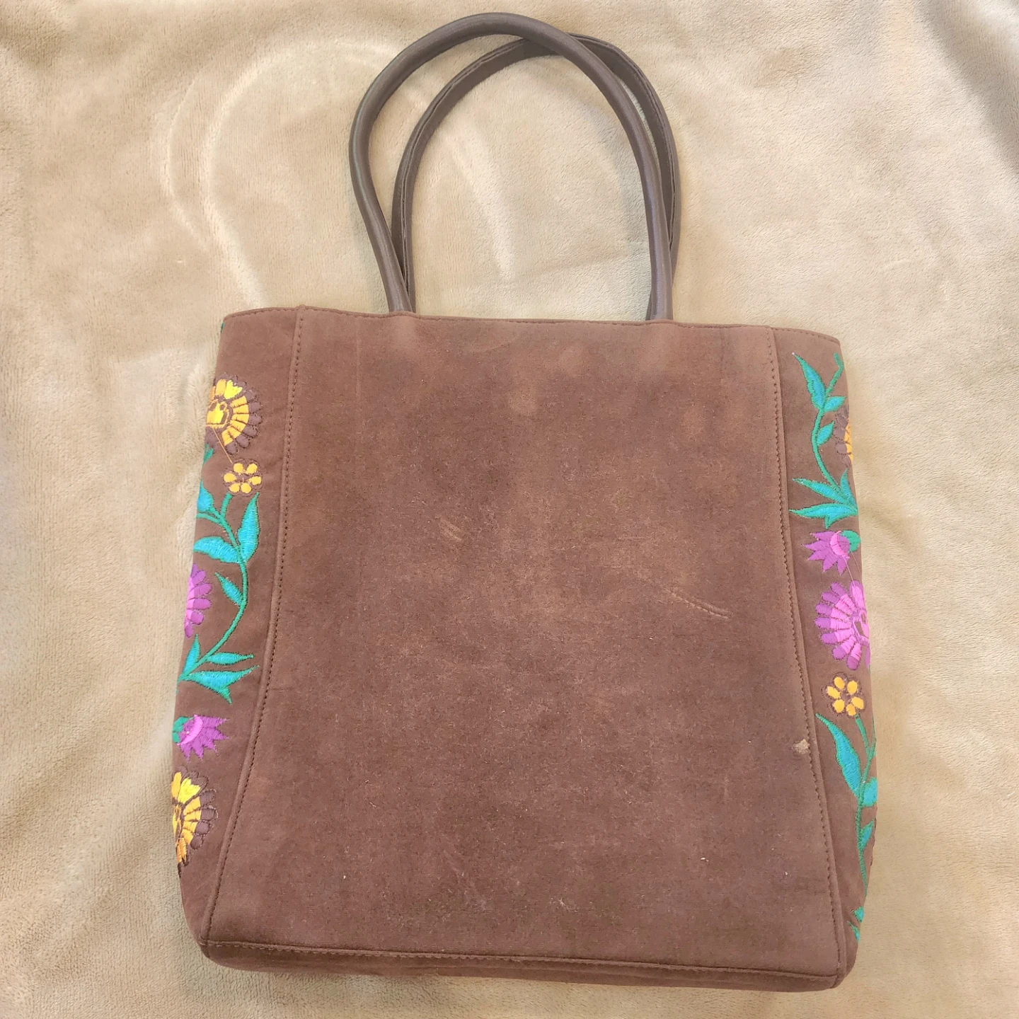 Brown Suede Tote Bag with Floral Embroidery