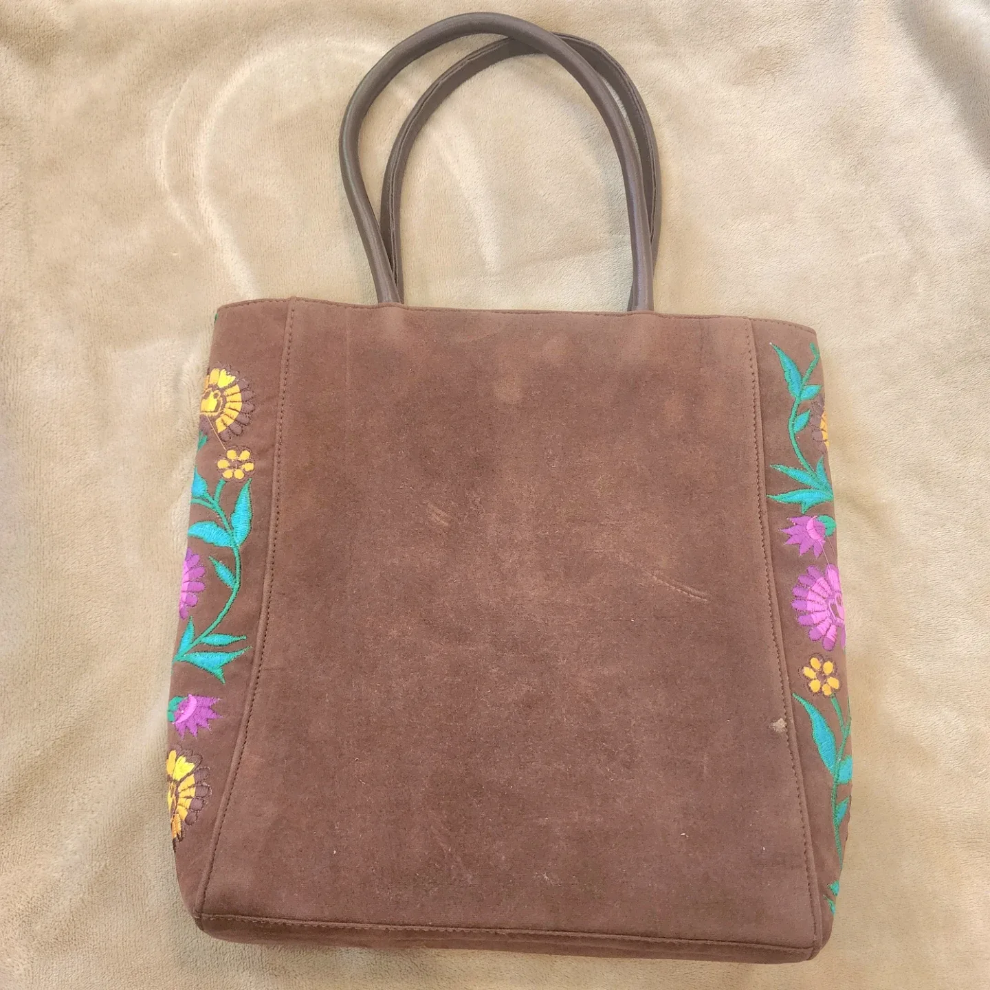 Brown Suede Tote Bag with Floral Embroidery