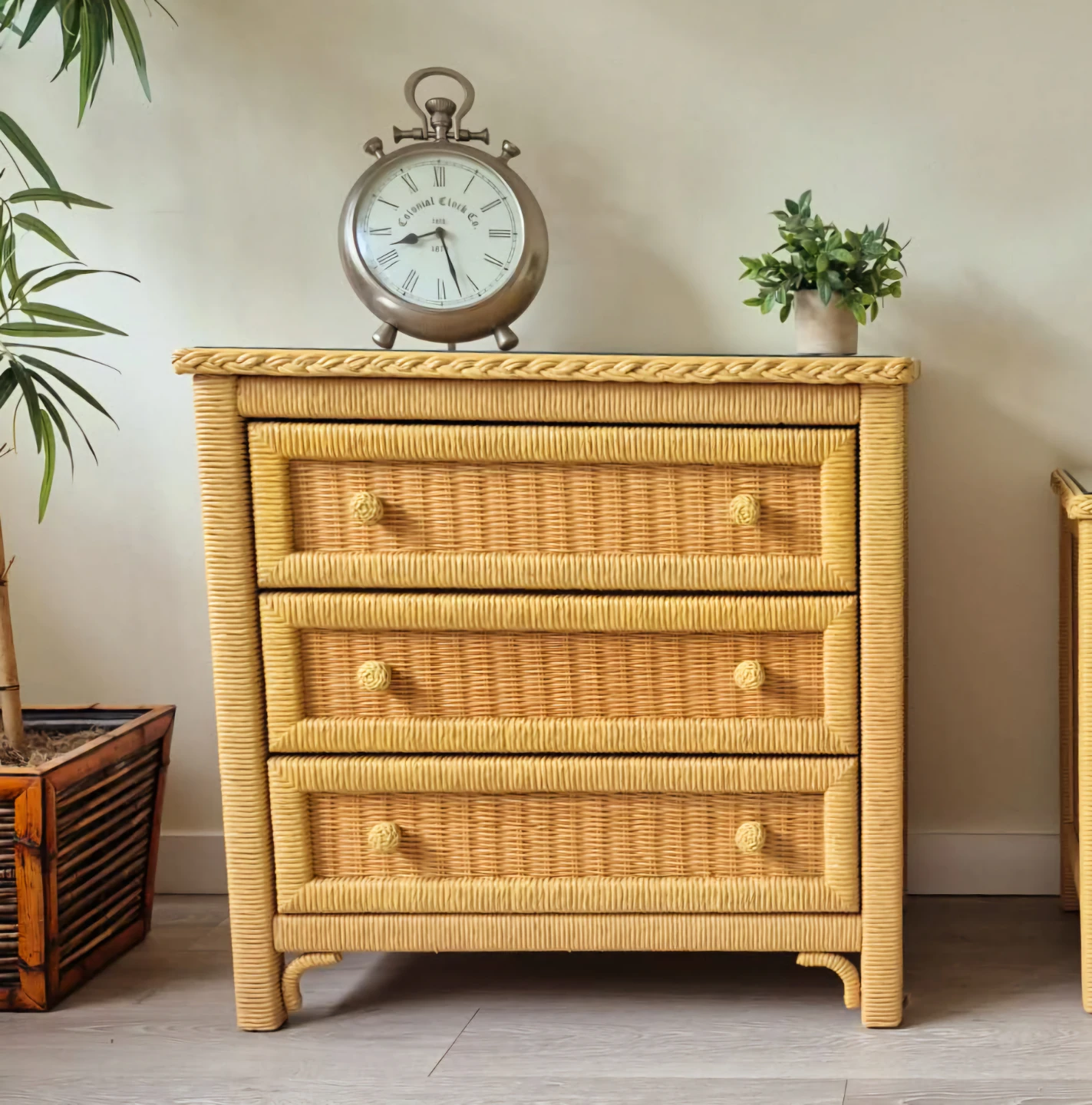 Bohemian Solid Wood Under Woven Rattan Wicker 3 Drawer Dresser
