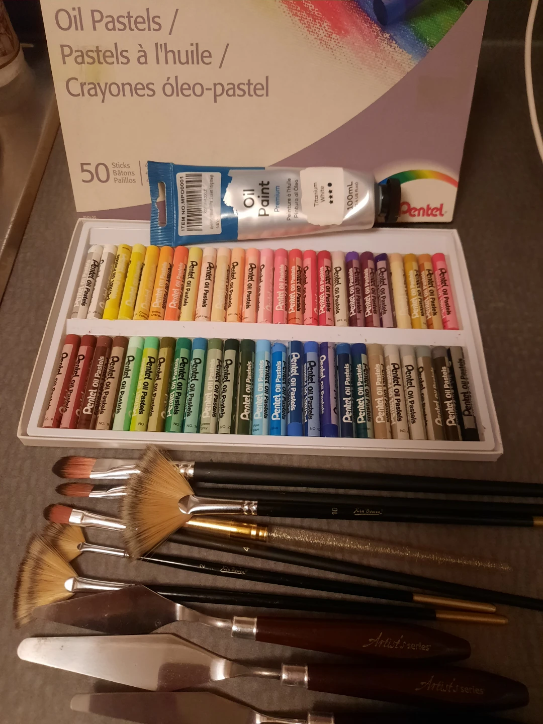 Pentel Oil Pastels Set with Paint Tube and Brushes and canvas