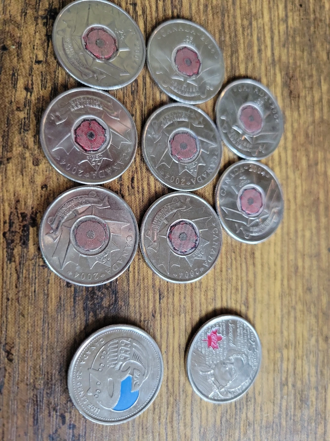 10 x Canada 2004 Quarter Dollar Coins - Poppy Edition