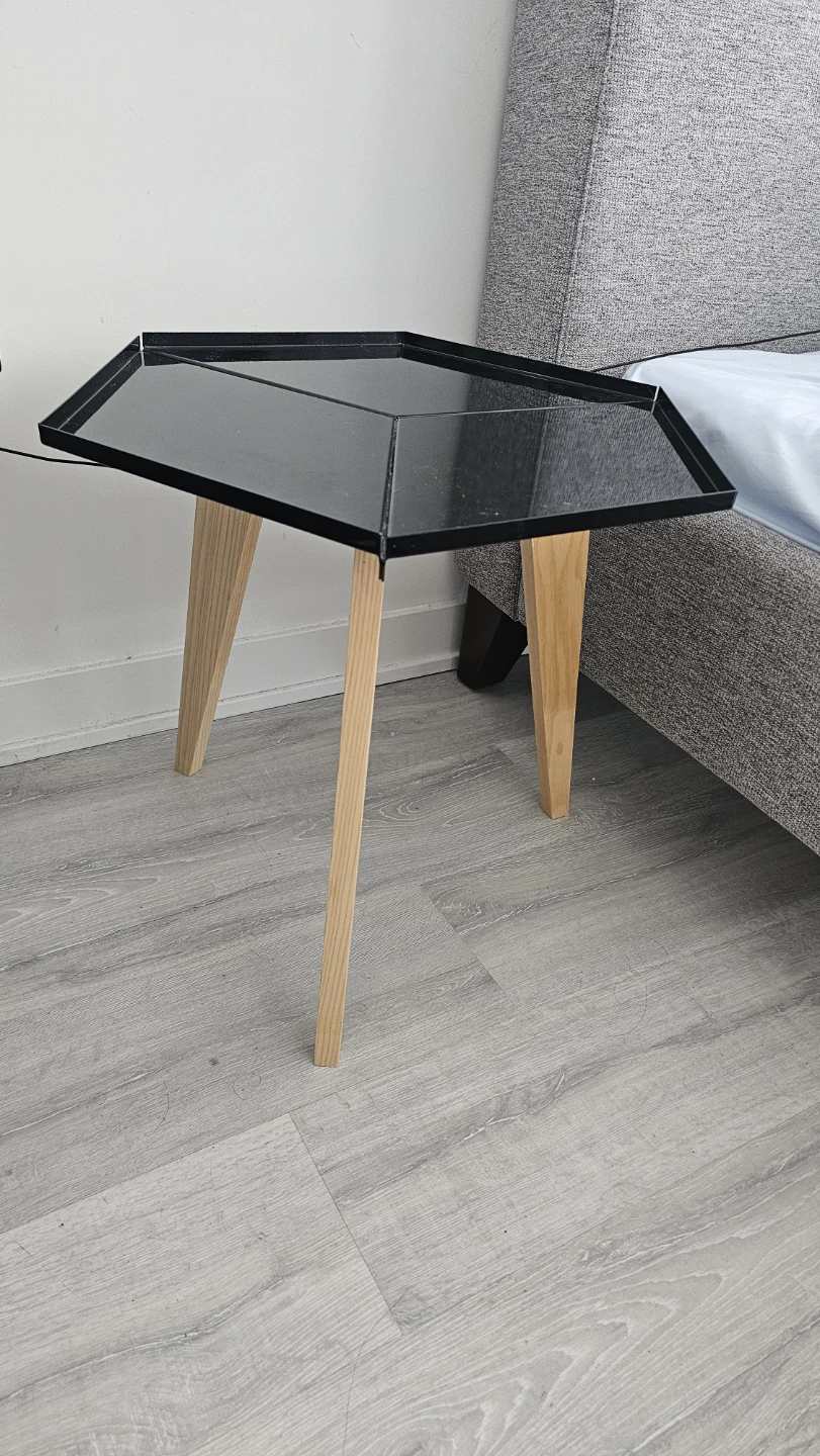Hexagonal Side Table-Black metal surface & Wooden legs