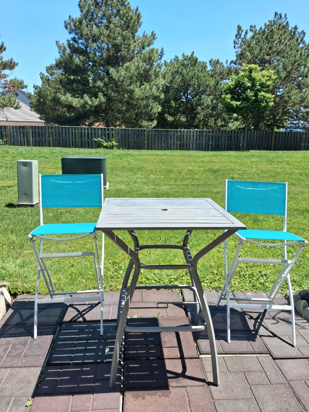 Blue Folding Patio Chairs and Grey Table. - photo 5