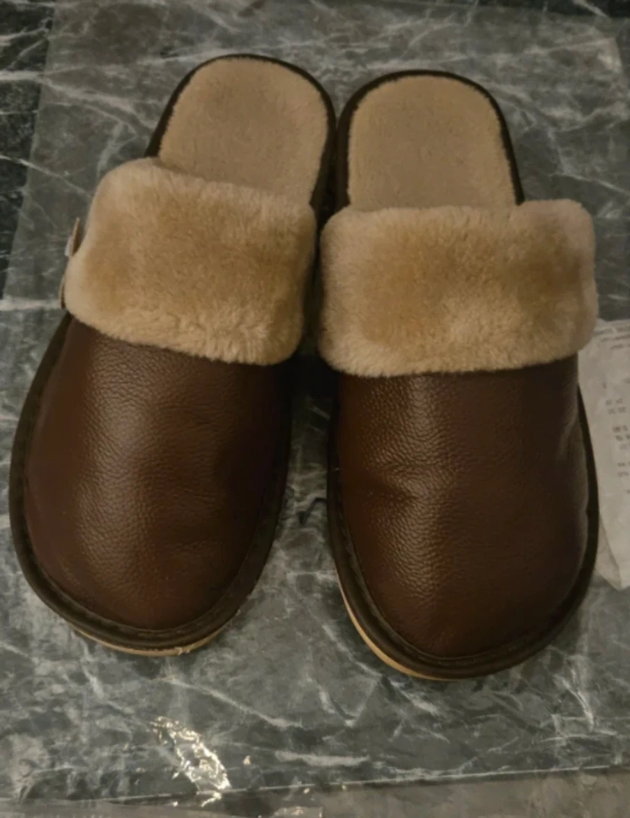 Brown Leather Slippers with Sherpa Lining