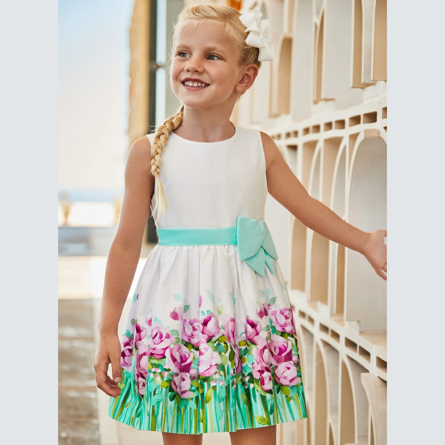 Mayoral Girls White & Green Floral Dress - photo 2