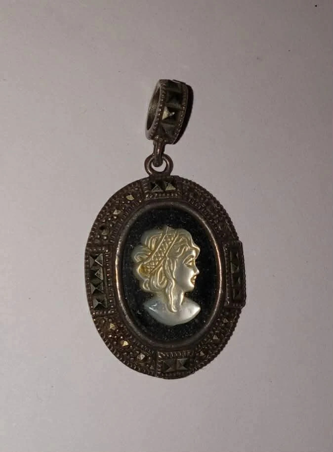 Vintage Cameo Locket Pendant with Marcasite Accents