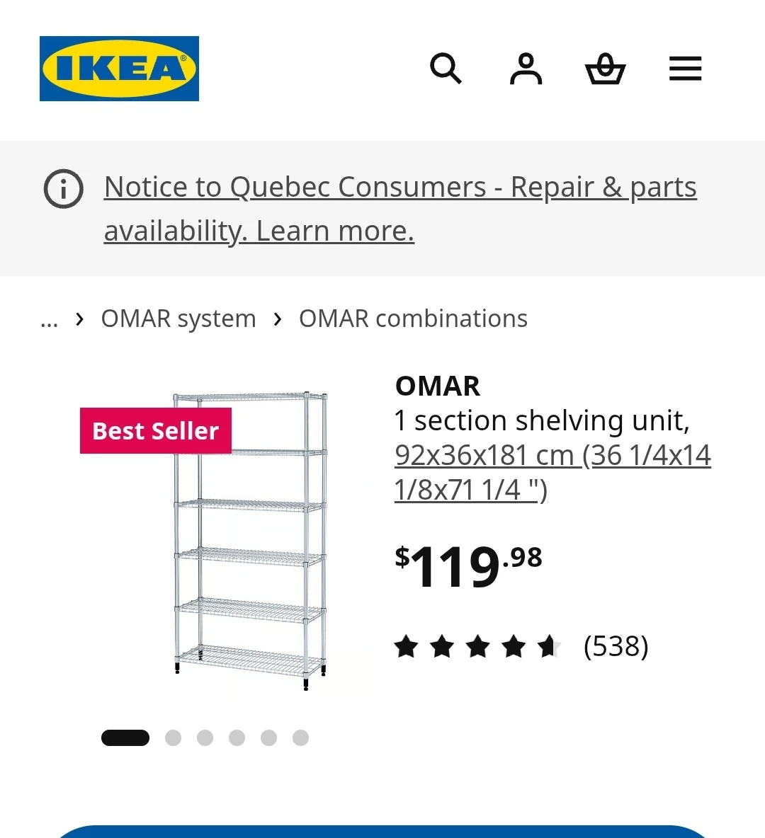 IKEA OMAR 1 section shelving unit 92x36x181 cm