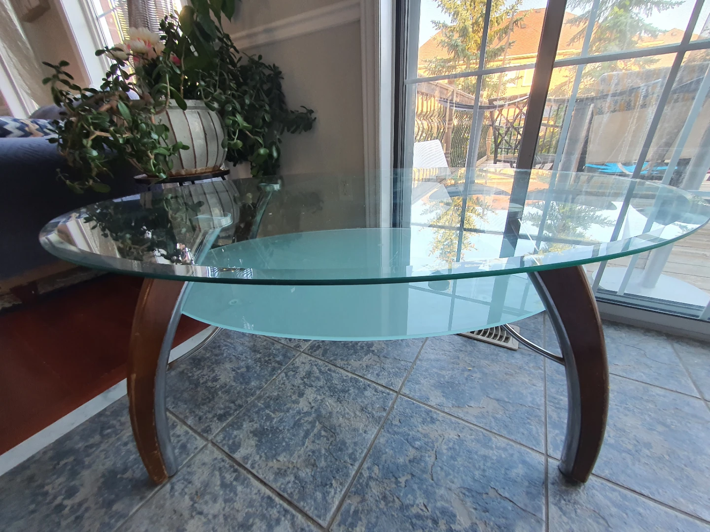Oval Glass Coffee Table with Wooden Legs