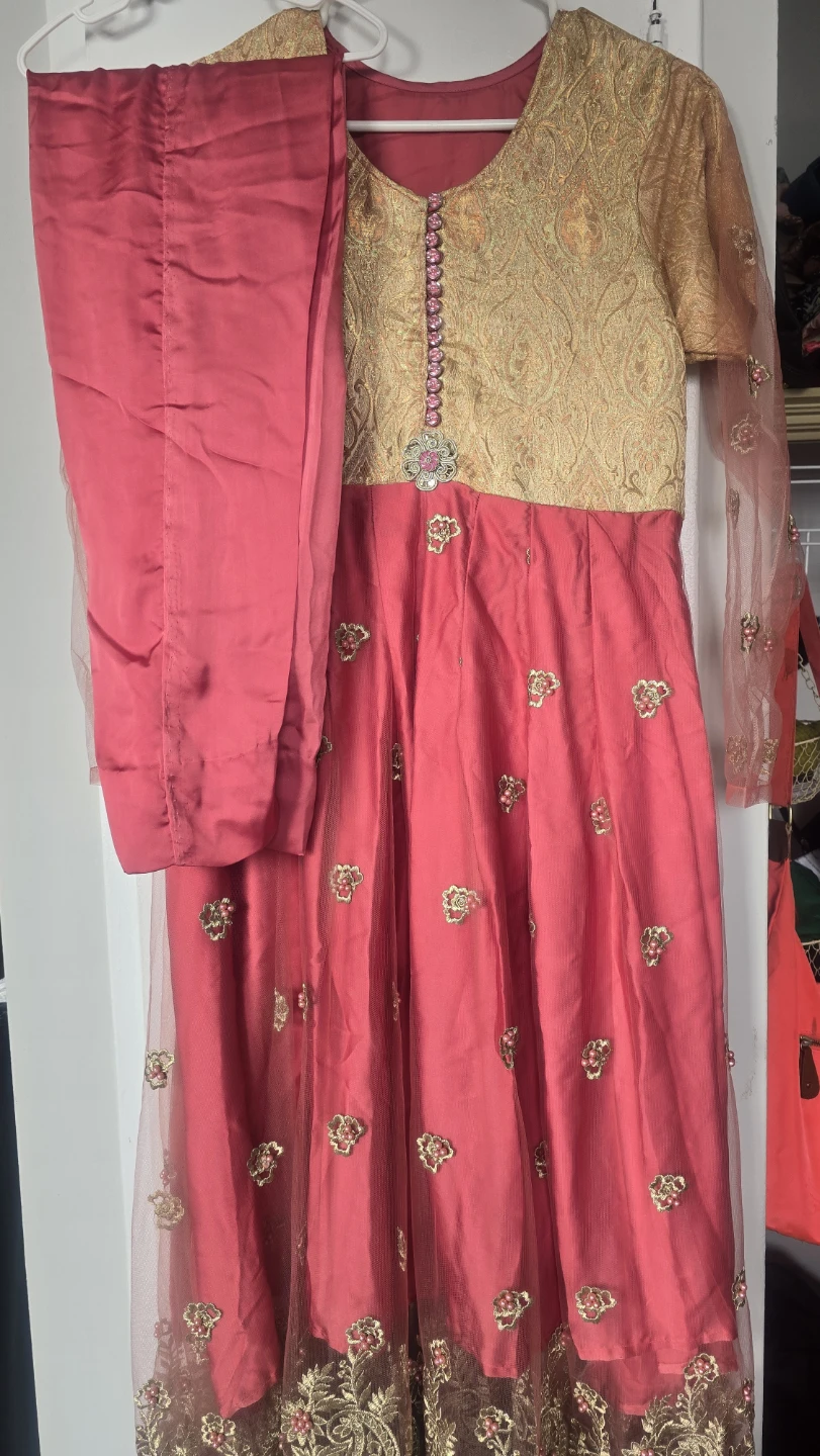 Gold and peach, Pink Embroidered Kameez with Pants