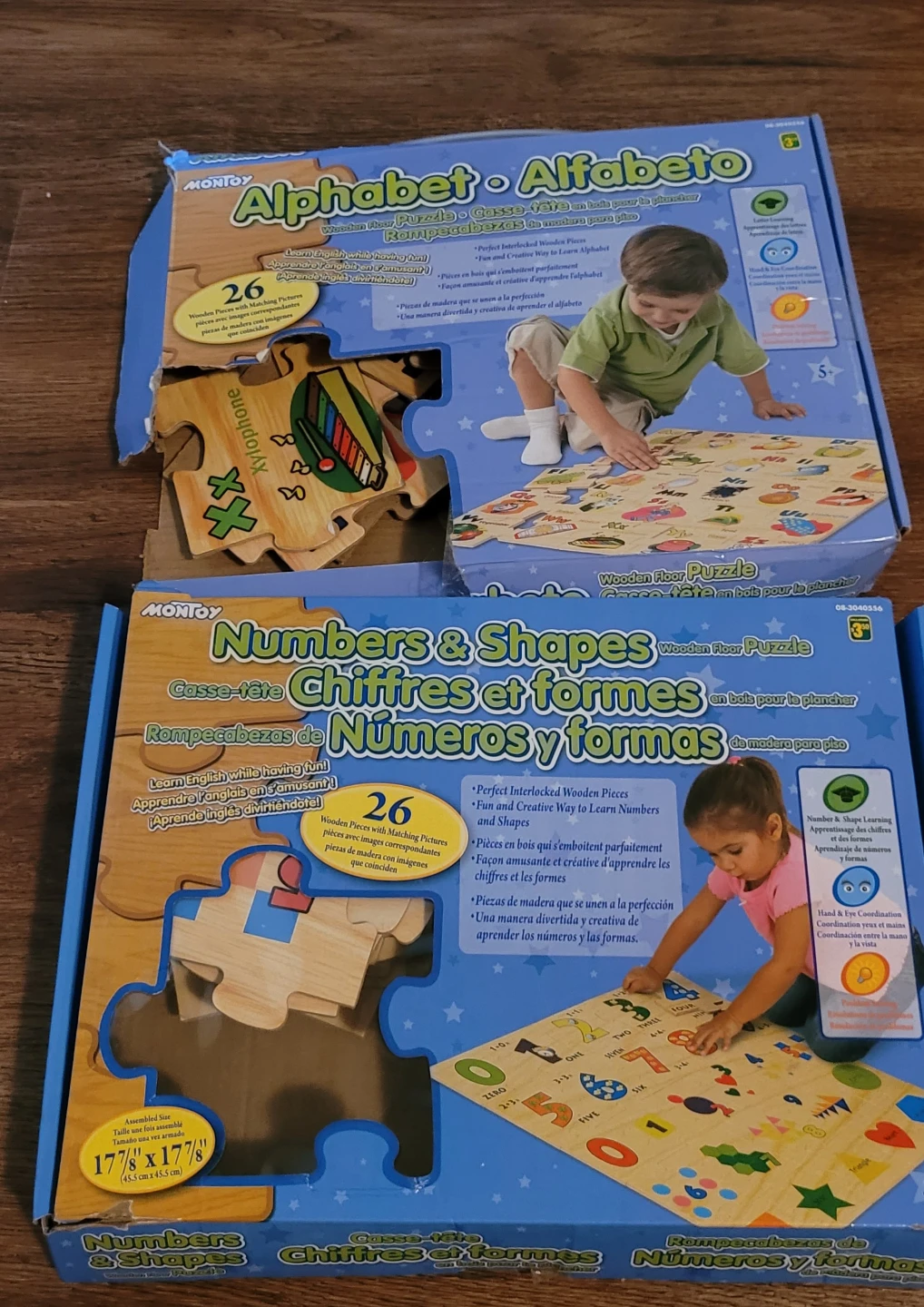 Two wooden puzzles, shapes, alphabet & numbers