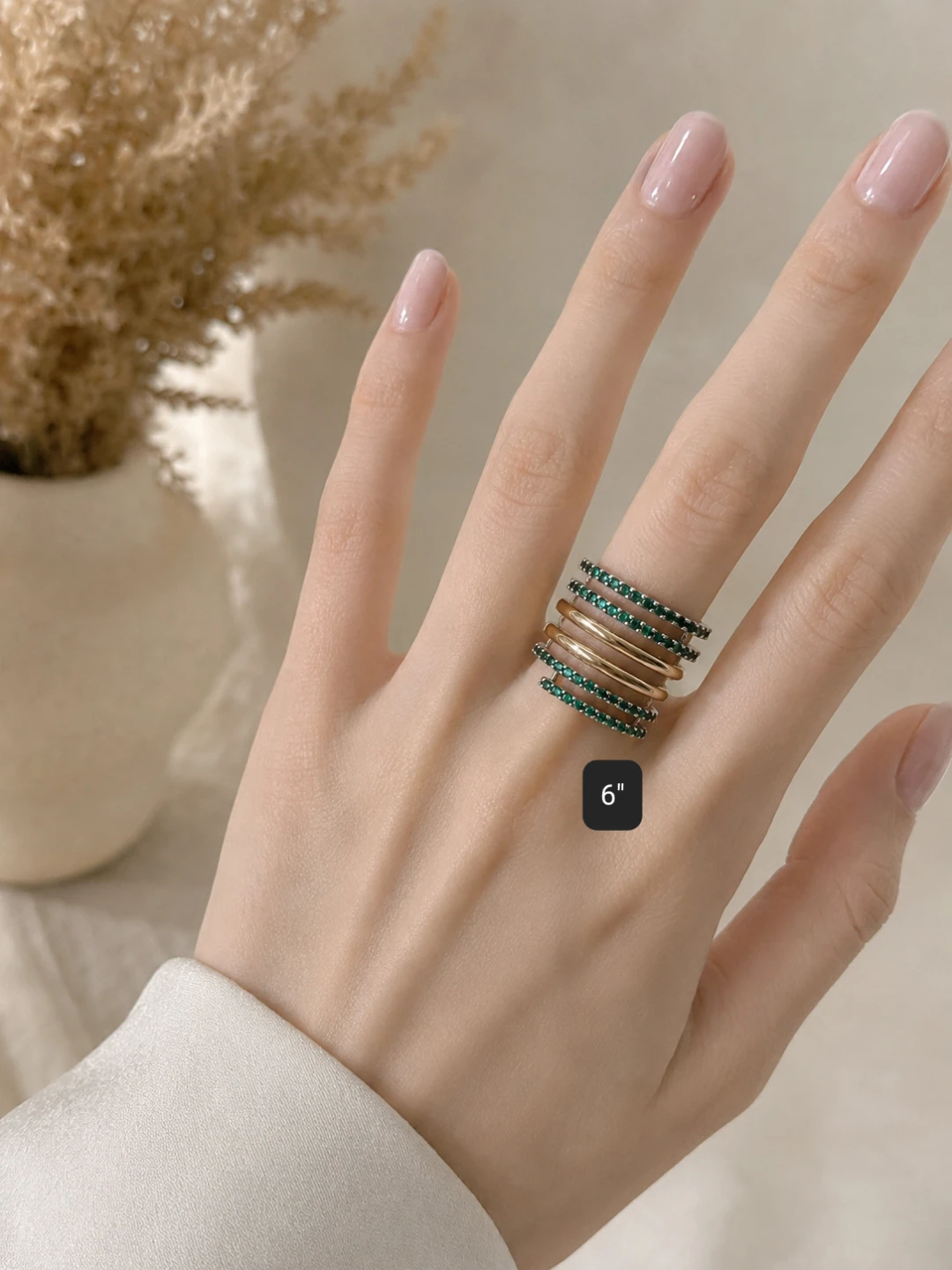 Gold Tone Ring with Green Stones - Size 6