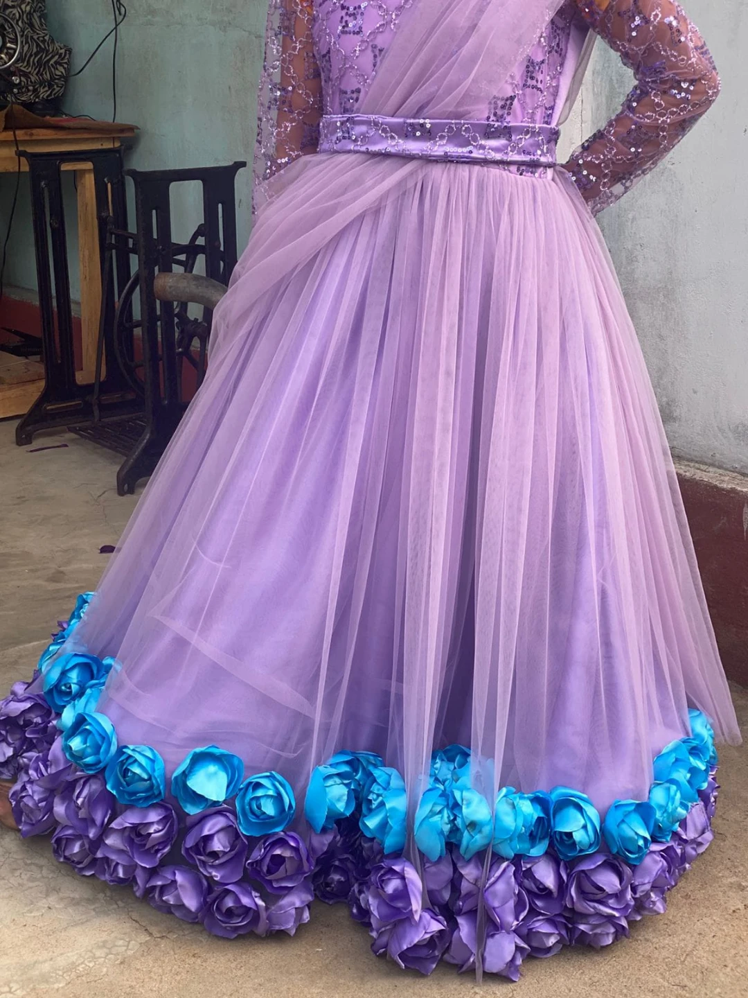 Purple Tulle mommy and baby matching Dress with Flower Trim.
