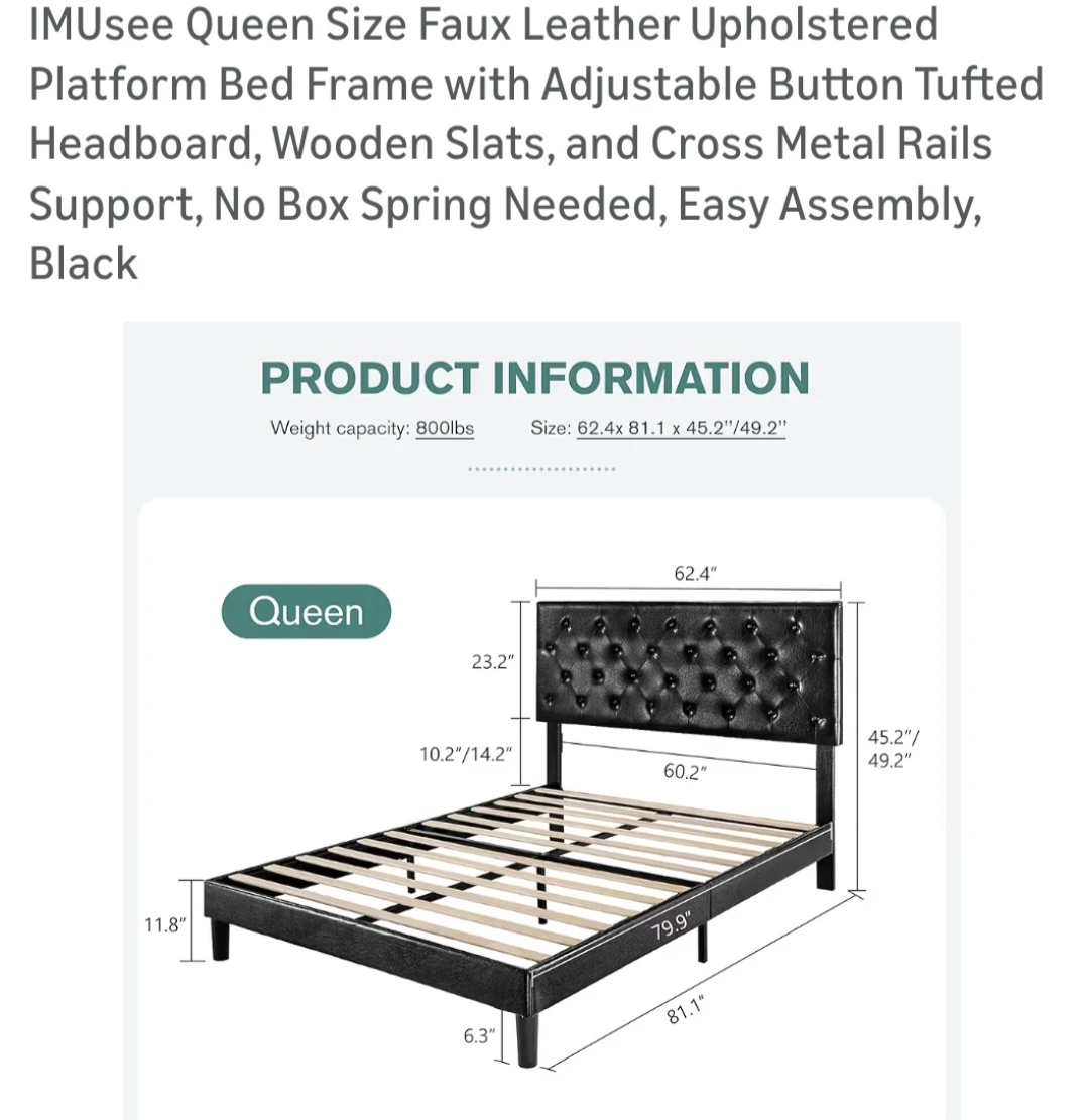 IMUsee Queen Faux Leather Upholstered Bed Frame - Black